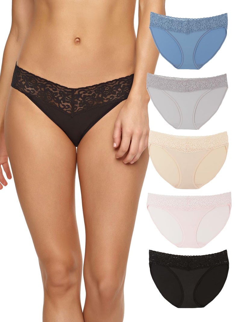 Felina Stretchy Lace Trimmed Bikini Underwear (5-Pack) - Pastel Skies - Large - Sexy Underwear for Women, Bikini Panties, Seamless Panties, Sexy Lingerie - Lace No Show Underwear for Women - Image 1
